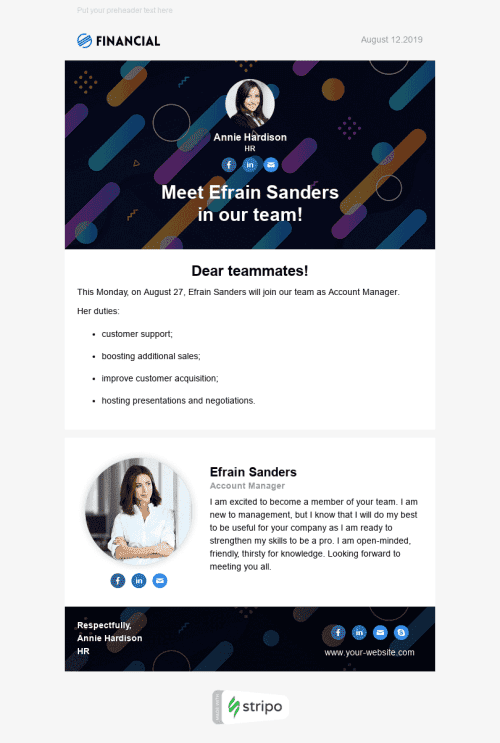 Internal Email Template «Meet The New Hire» for Human Resources industry desktop view