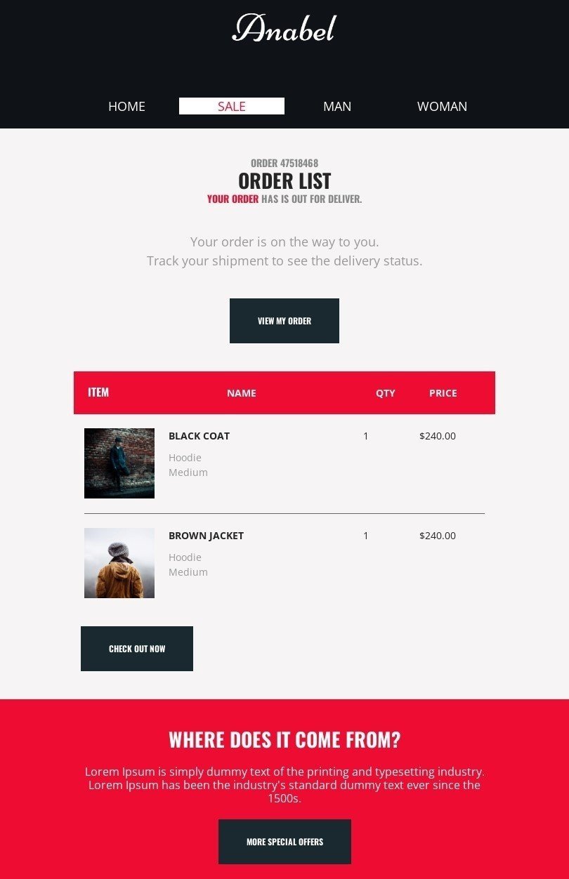 Order Confirmation Template on ordering from Stripo