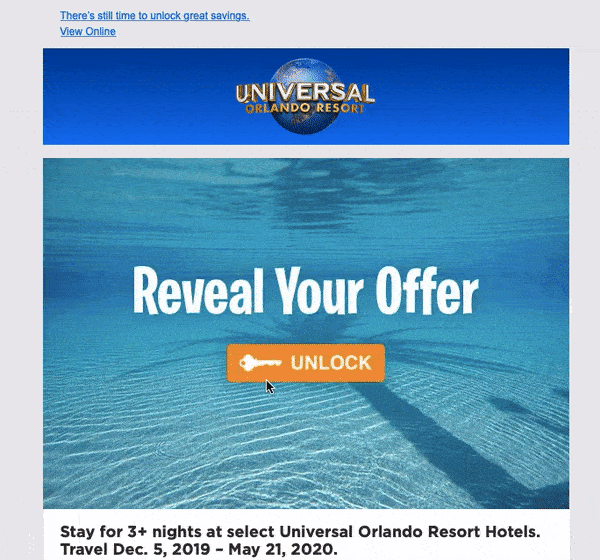 Email from Universal Orlando Resort, the action stage of the sales funnel