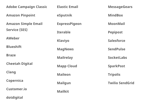 Plataformas de correo electrónico y proveedores de servicios que admiten AMP para Email_List