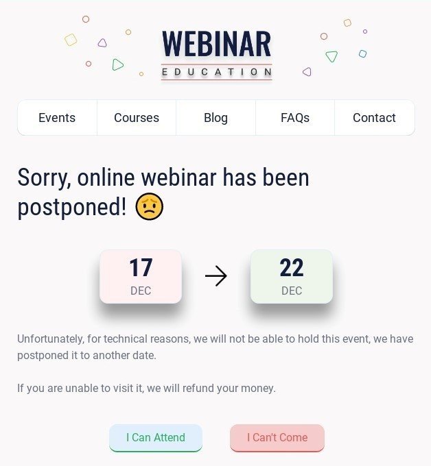 Email example with apologies on posponed webinars, missing appointments
