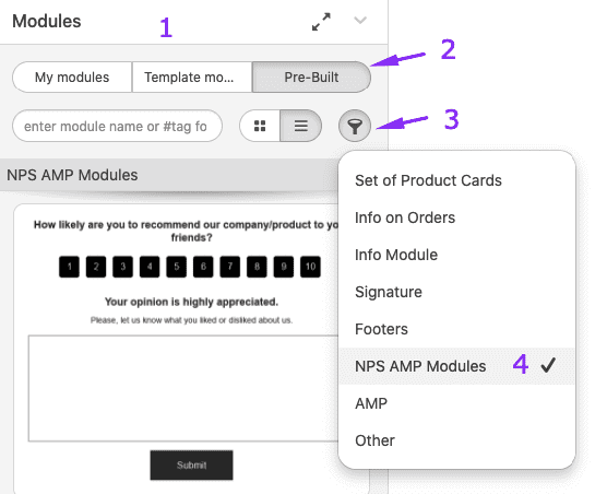Selecting Modules with Net Promoter Score in Stripo