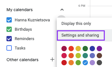 The Settings Sharing option in Google Calendar