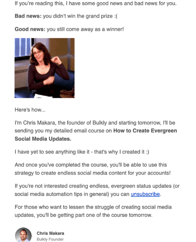Winner announcement email example from Bulkly