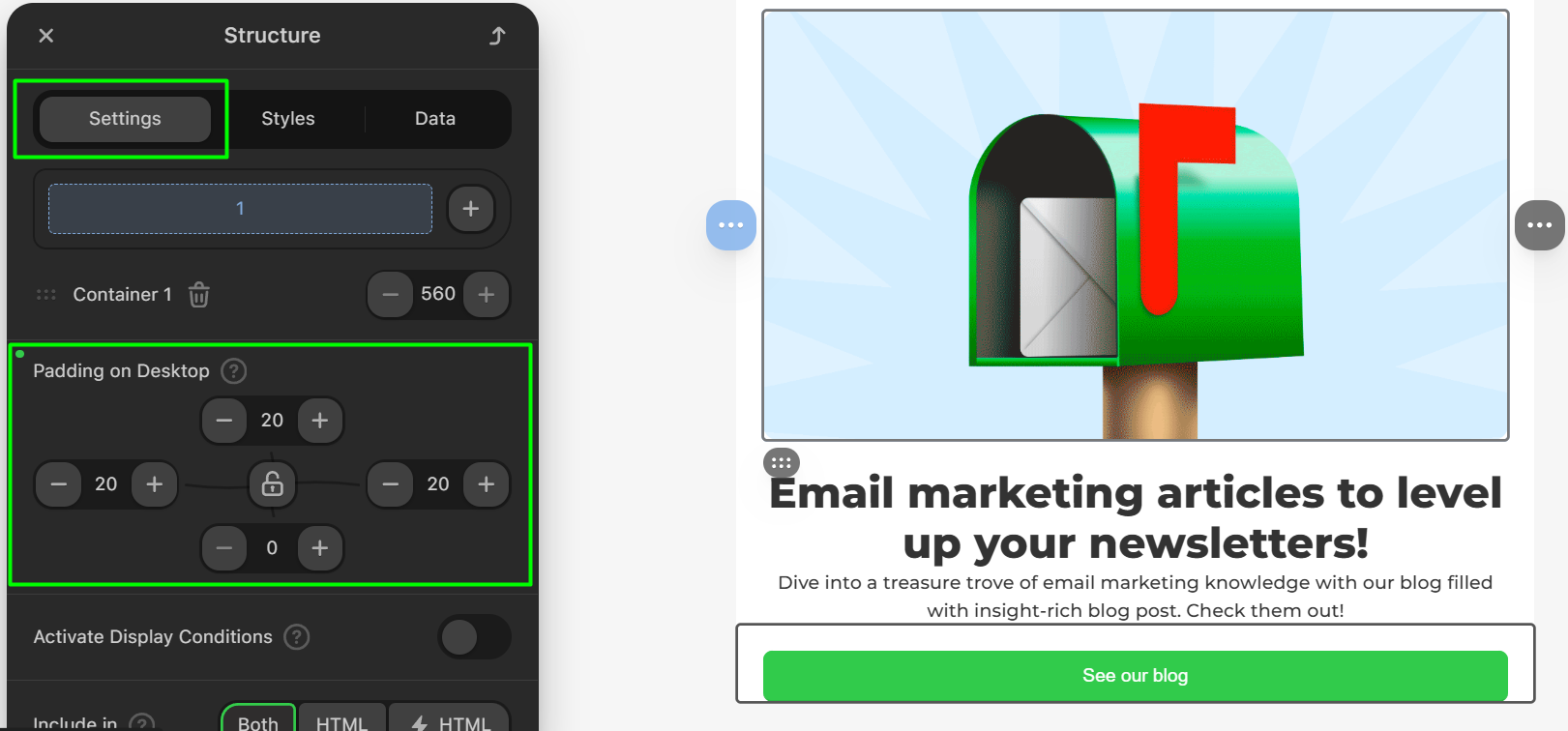 Adding padding to the structure around a button
