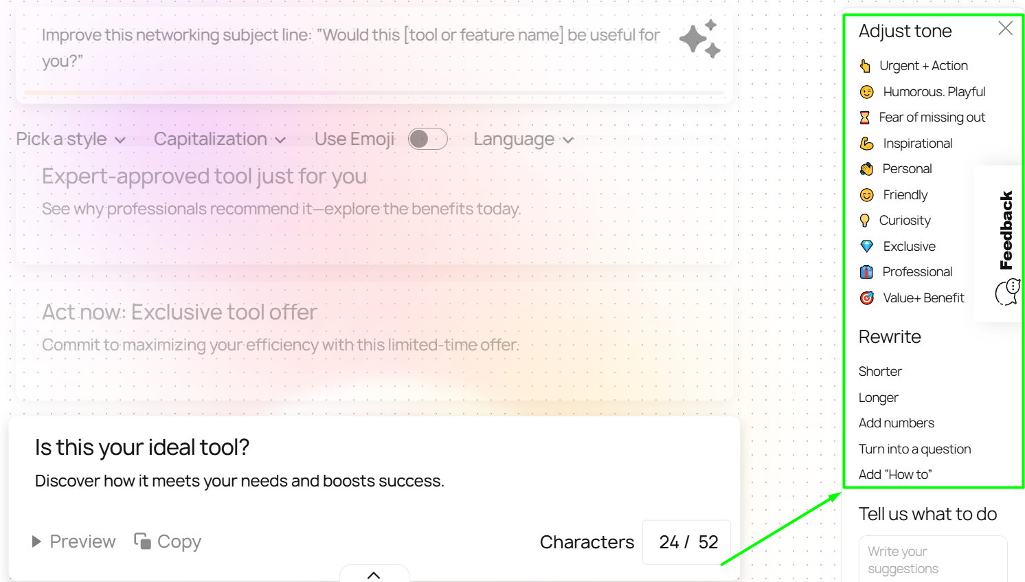 Adjustment options for subject line improvements in the Stripo AI generator