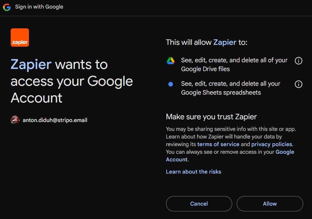 Allowing Zapier to use your Google account