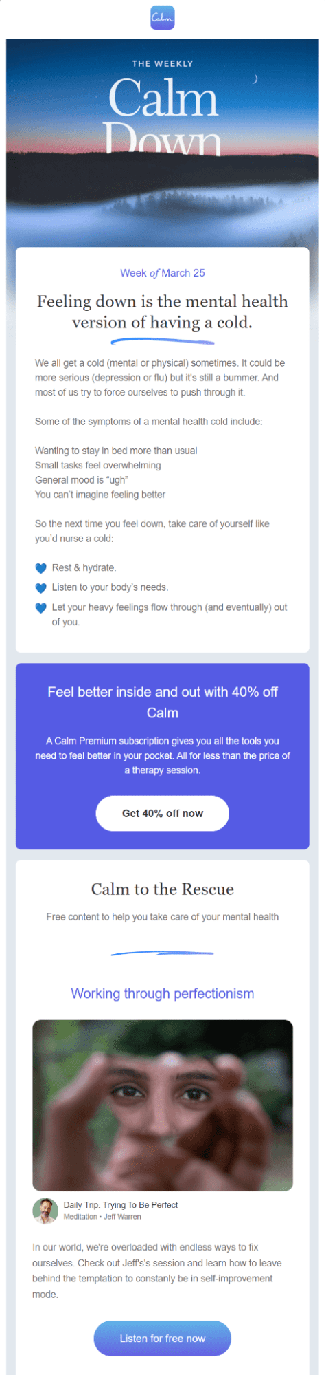 An email with tips on how to take care of mental health