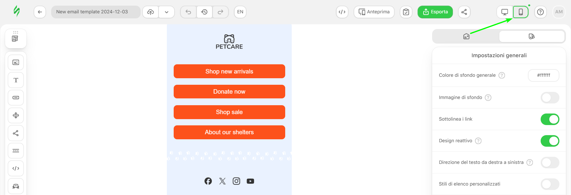 Un'icona per passare alla visualizzazione del dispositivo mobile