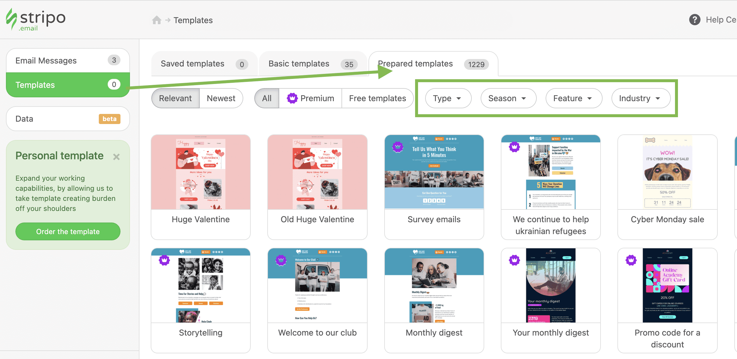 Choosing a ready-made template in Stripo