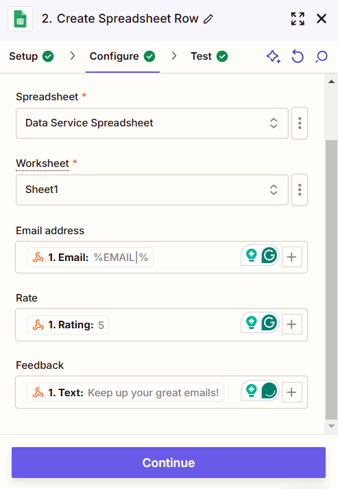 Configured Google spreadsheet