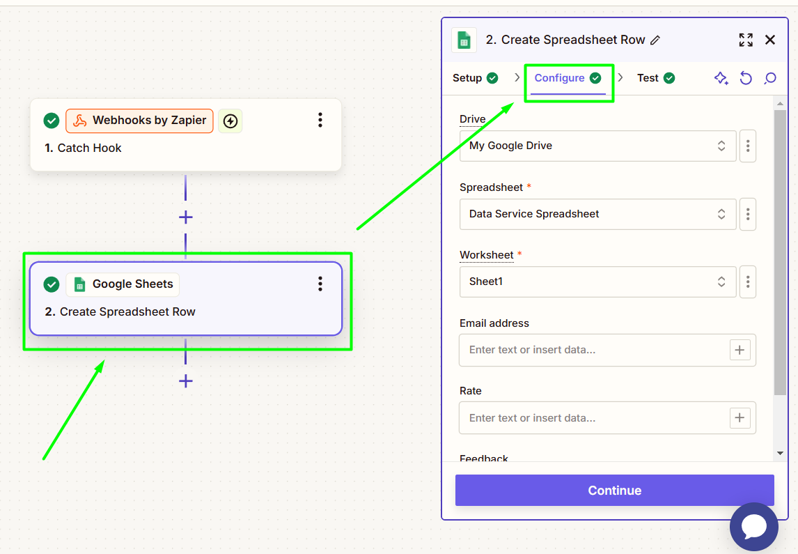 Configuring the Google spreadsheet