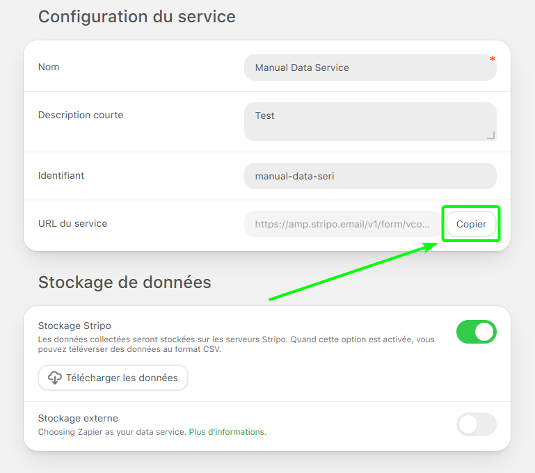 Copie de l'URL du service de données