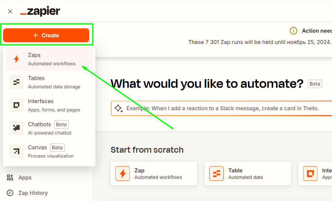 Creating the webhook with Zapier