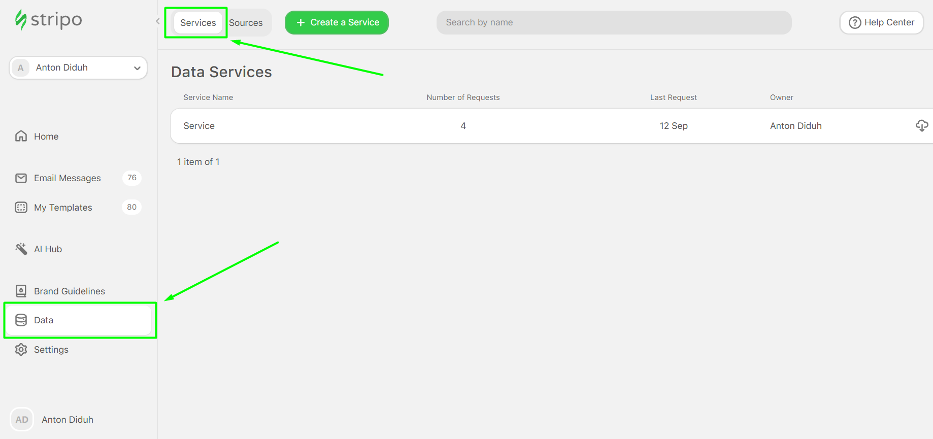 Data Service tab in Stripo