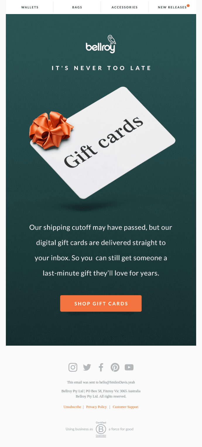 Digital gift card email example