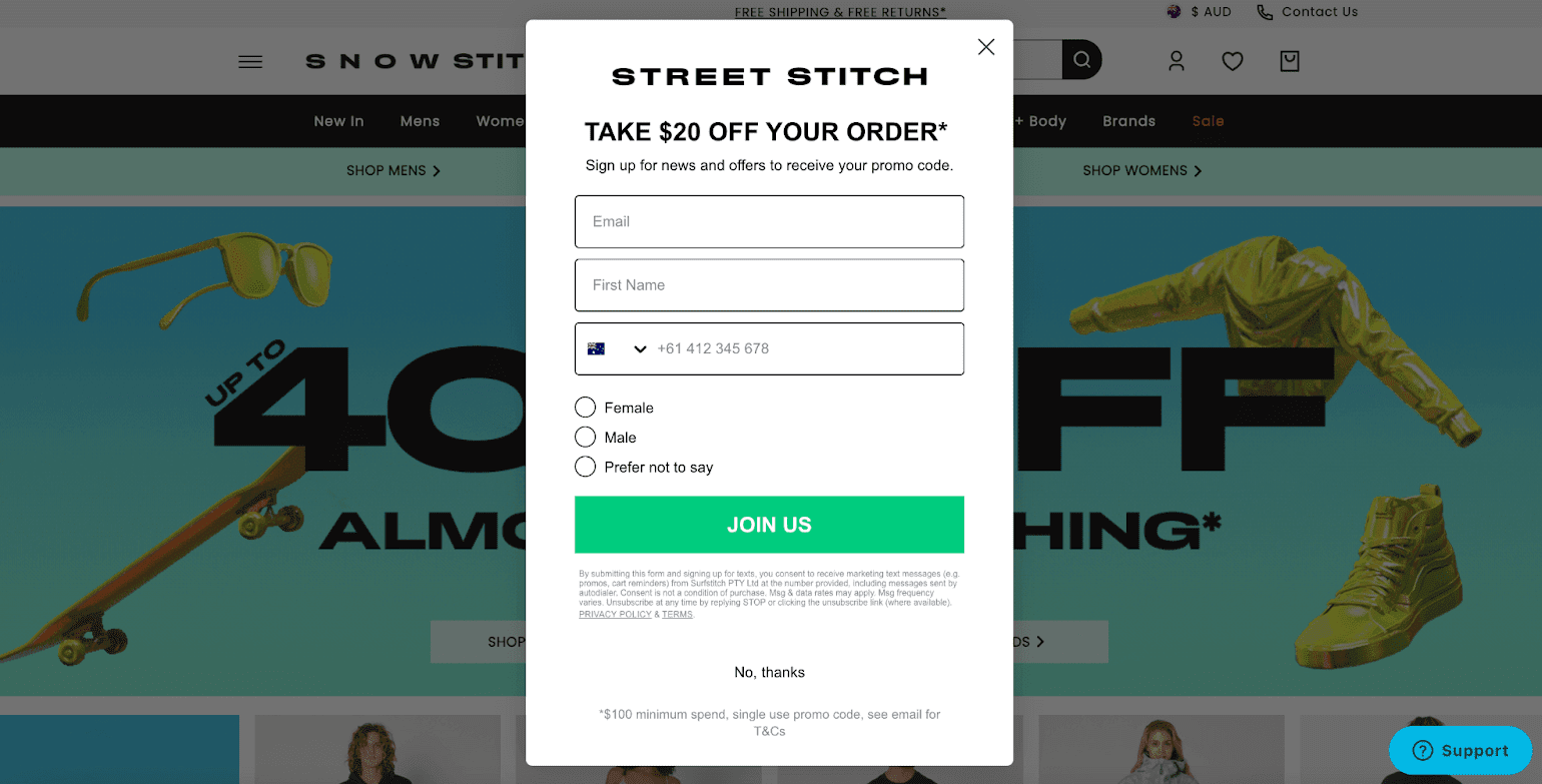 eCommerce store opt-in form example