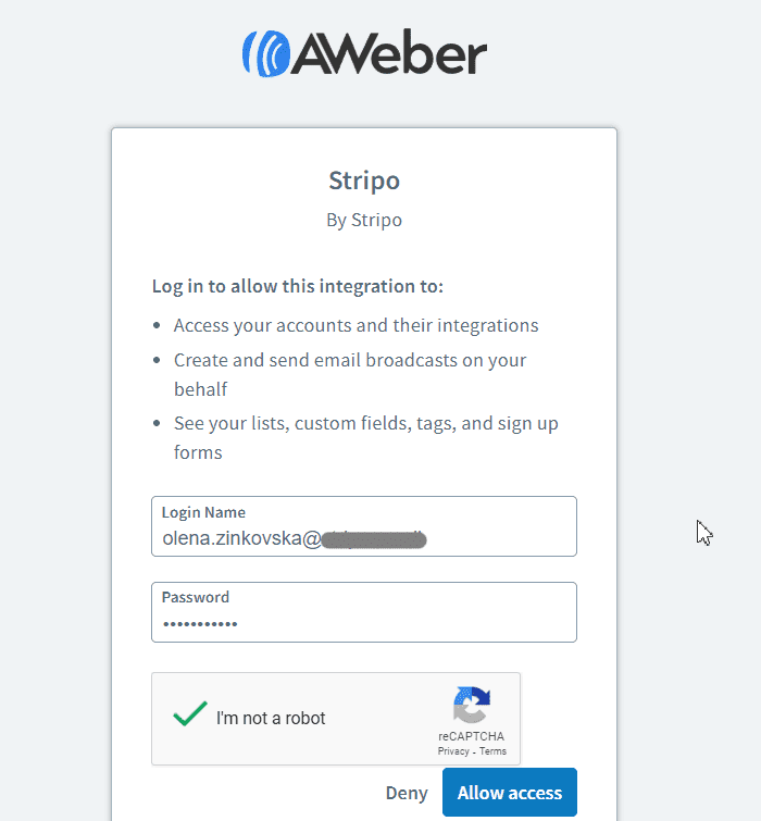 Enter the Credentials to Your AWeber Account