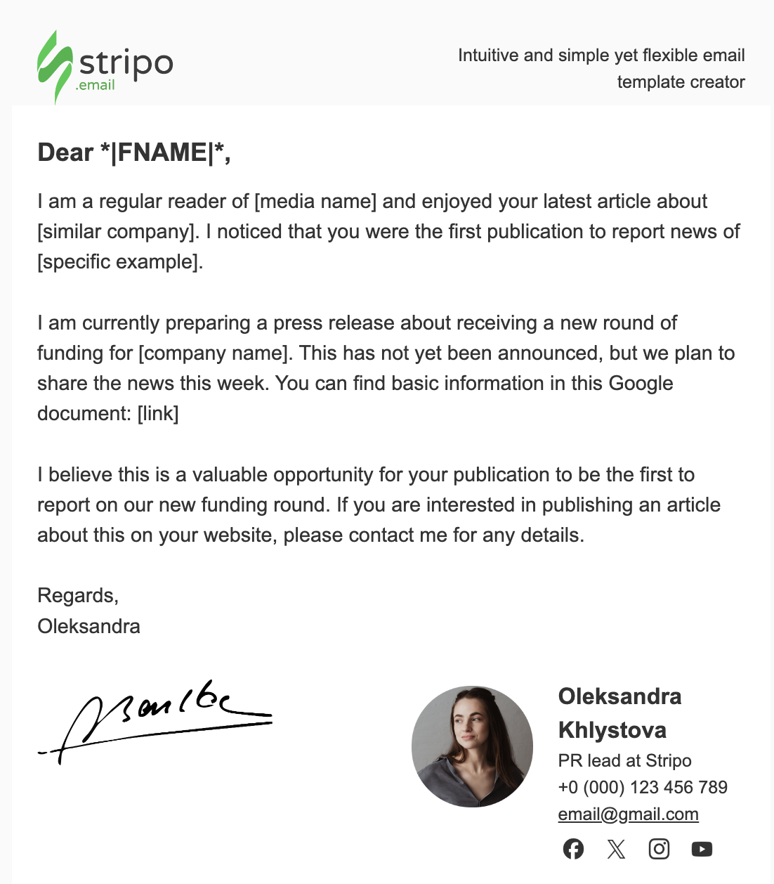 Example of press release email in the Stripo editor