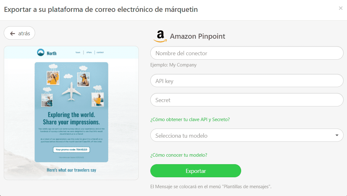 Exportar el correo electrónico a Amazon Pinpoint _ Rellenar la información necesaria