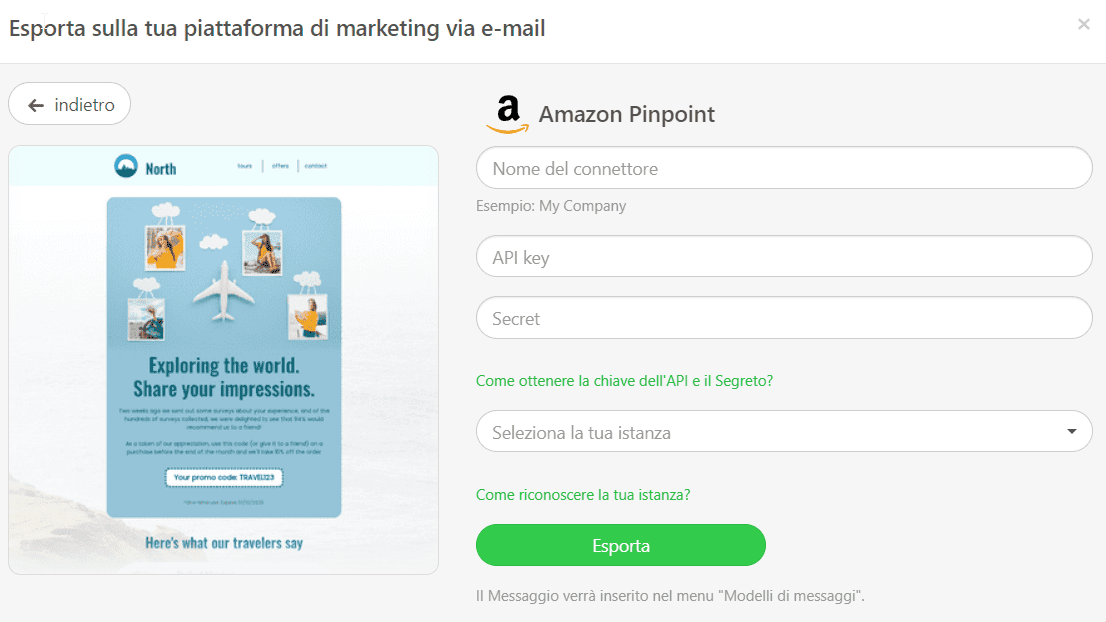 Esportazione di Email su Amazon Pinpoint _ Compila le Informazioni Necessarie