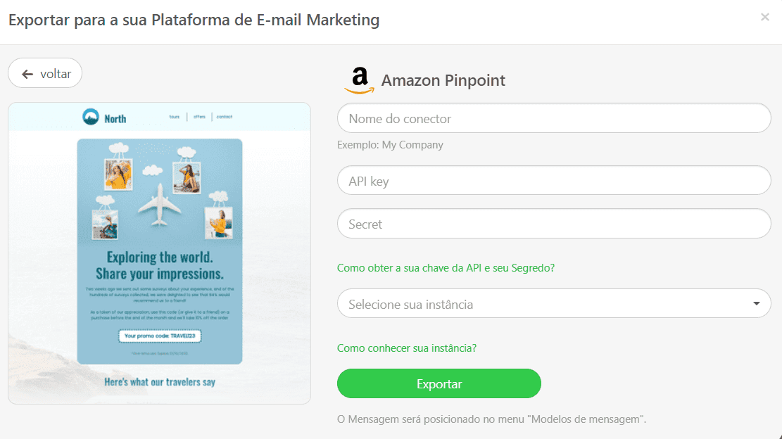 Exportando e-mail para o Amazon Pinpoint _ Preenchendo as informações necessárias
