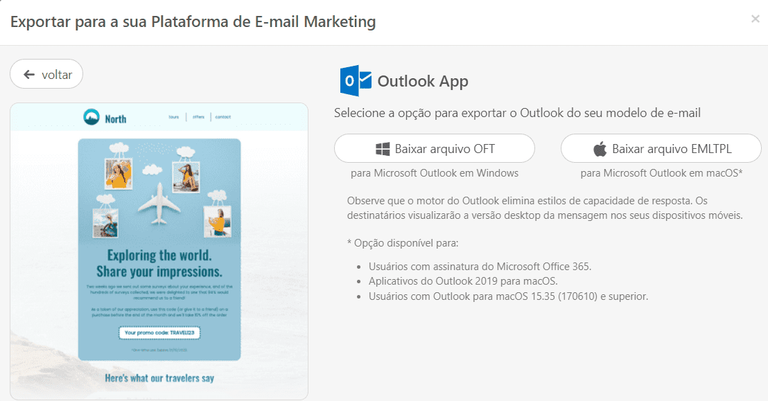 Exportando e-mails para o aplicativo do Outlook