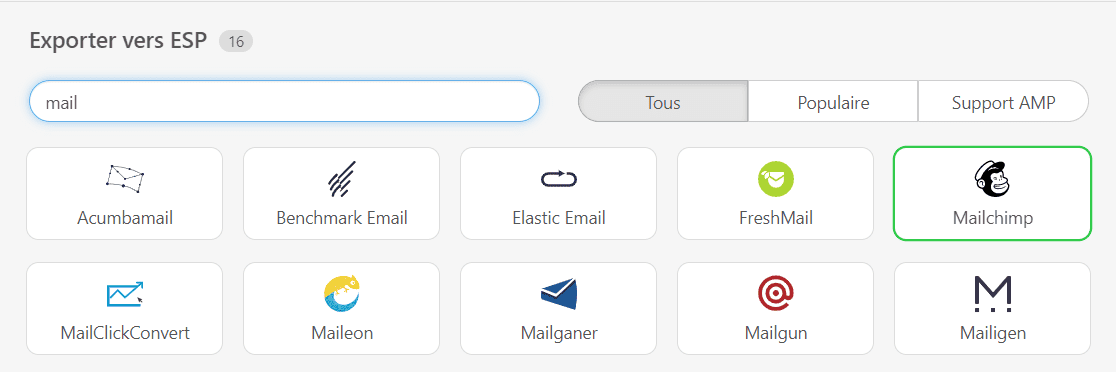 Trouver Mailchimp dans le menu contextuel