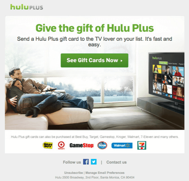Gift card campaigns _ Example by Hulu Plus