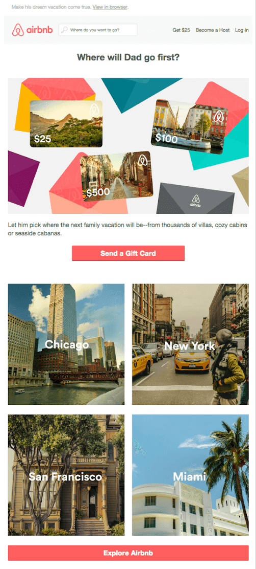 Gift card email example from Airbnb