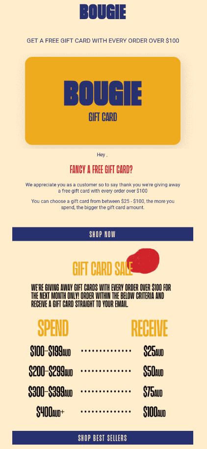 Gift card email example from Bougie