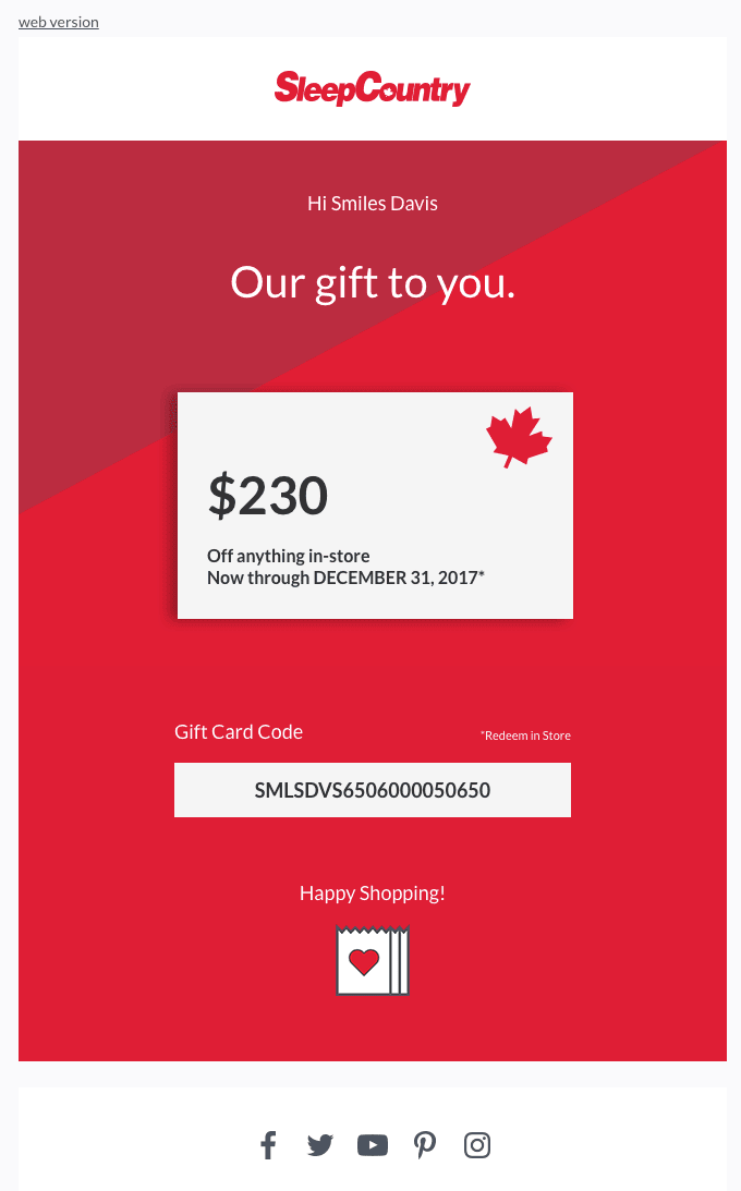 Gift card email example from Sleep Country