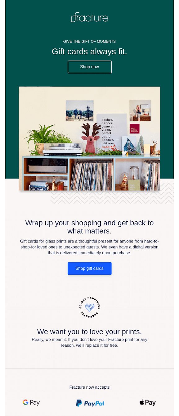 Gift card email examples for the holiday season from Fracture