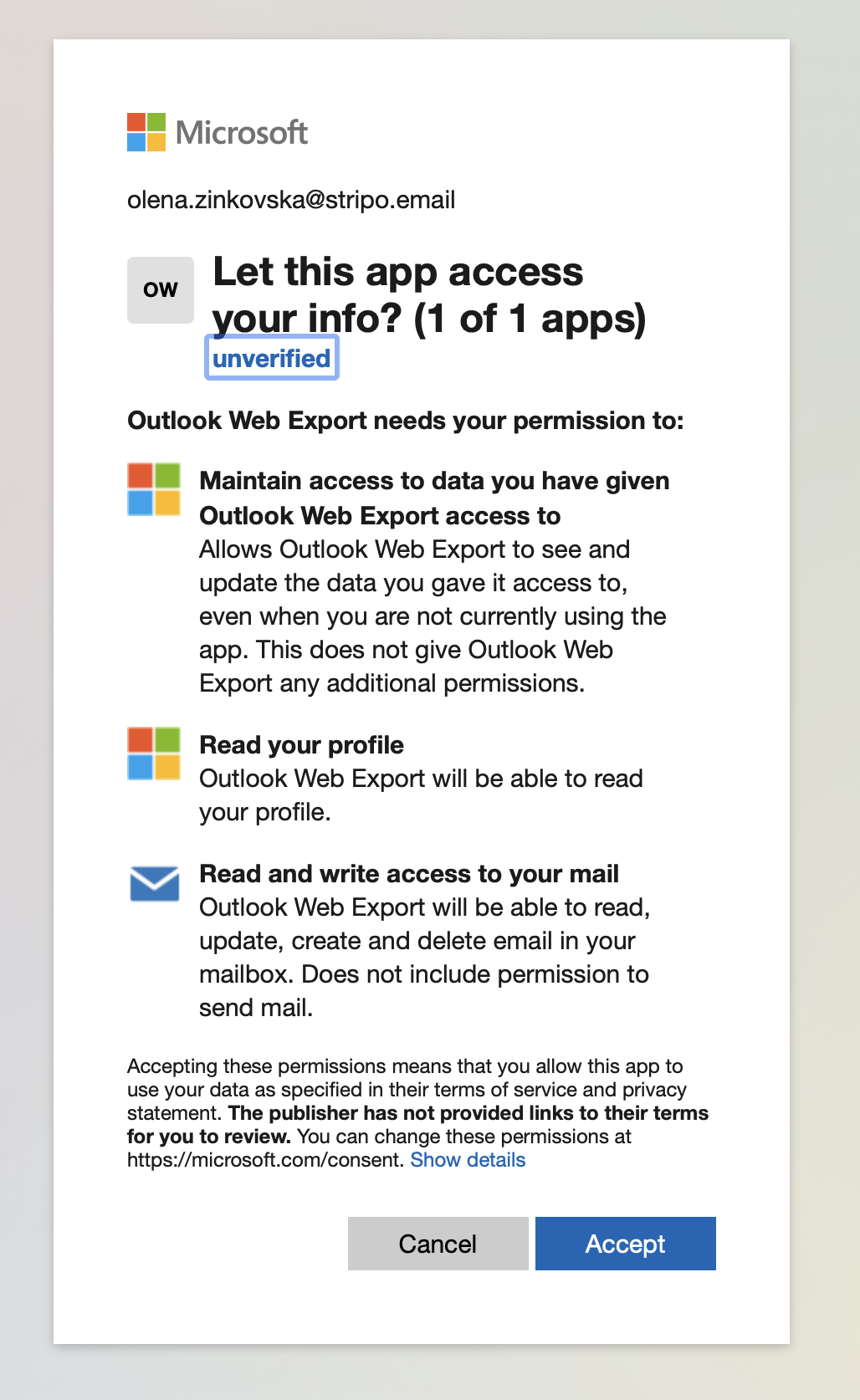 Giving access to the Outlook account