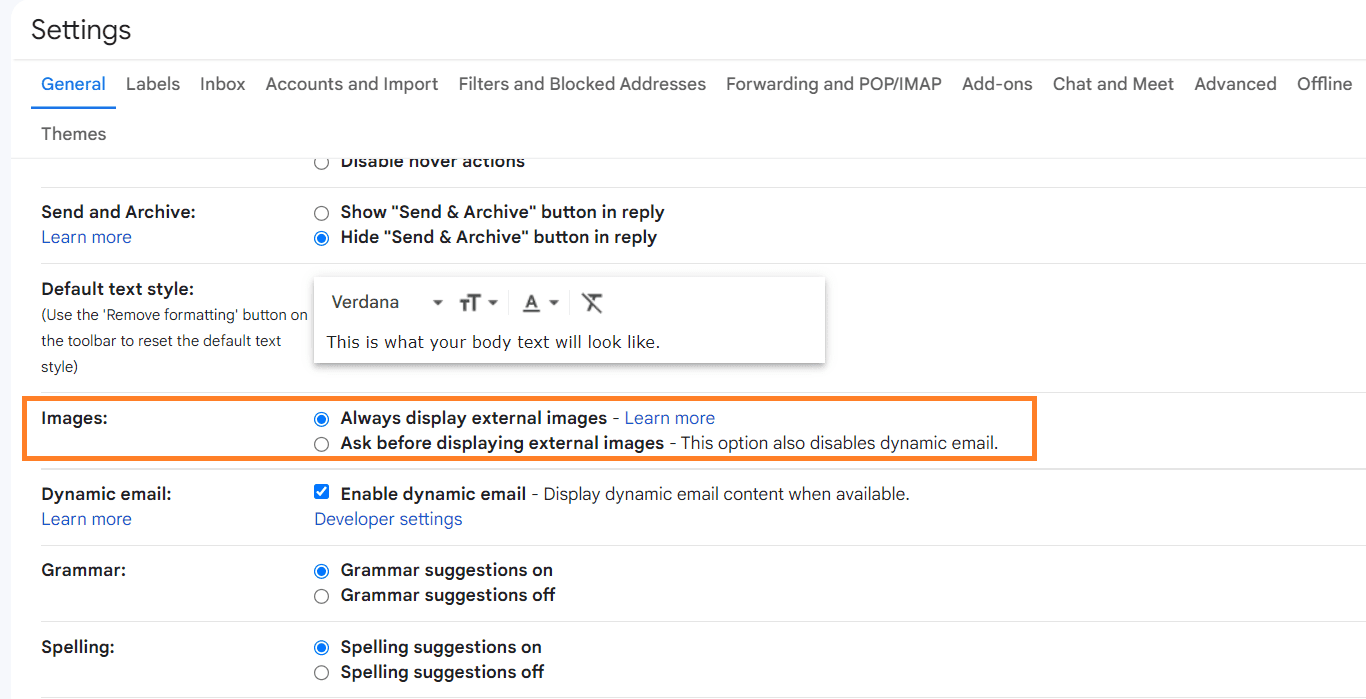 Gmail Users Can Allow External Images in the General Settings