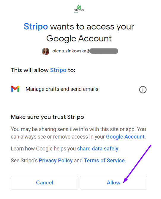 Conceda acesso em Stripo à sua Conta do Google