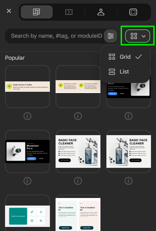 Grid or List search appearance settings