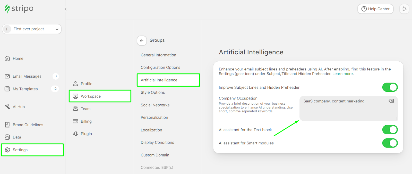 How to add company occupation in the account settings