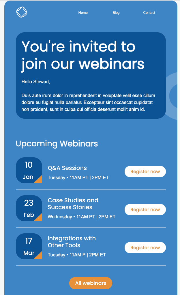 Invitation emails with the upcoming webinars