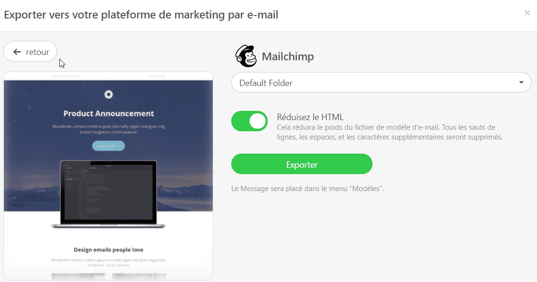 Exportation de votre modèle d'e-mail vers Mailchimp