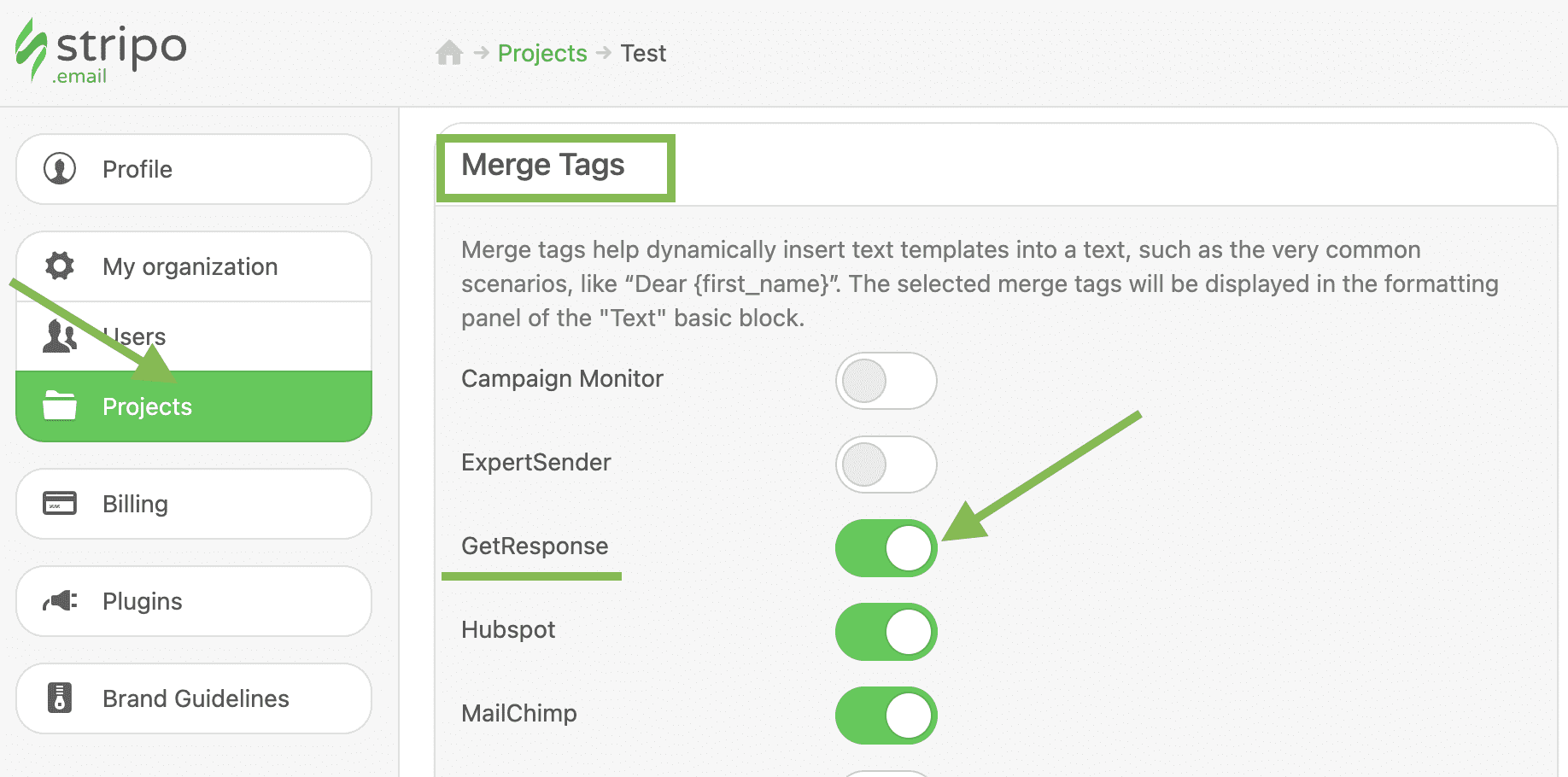 Adding of GetResponse Merge Tags in Stripo project