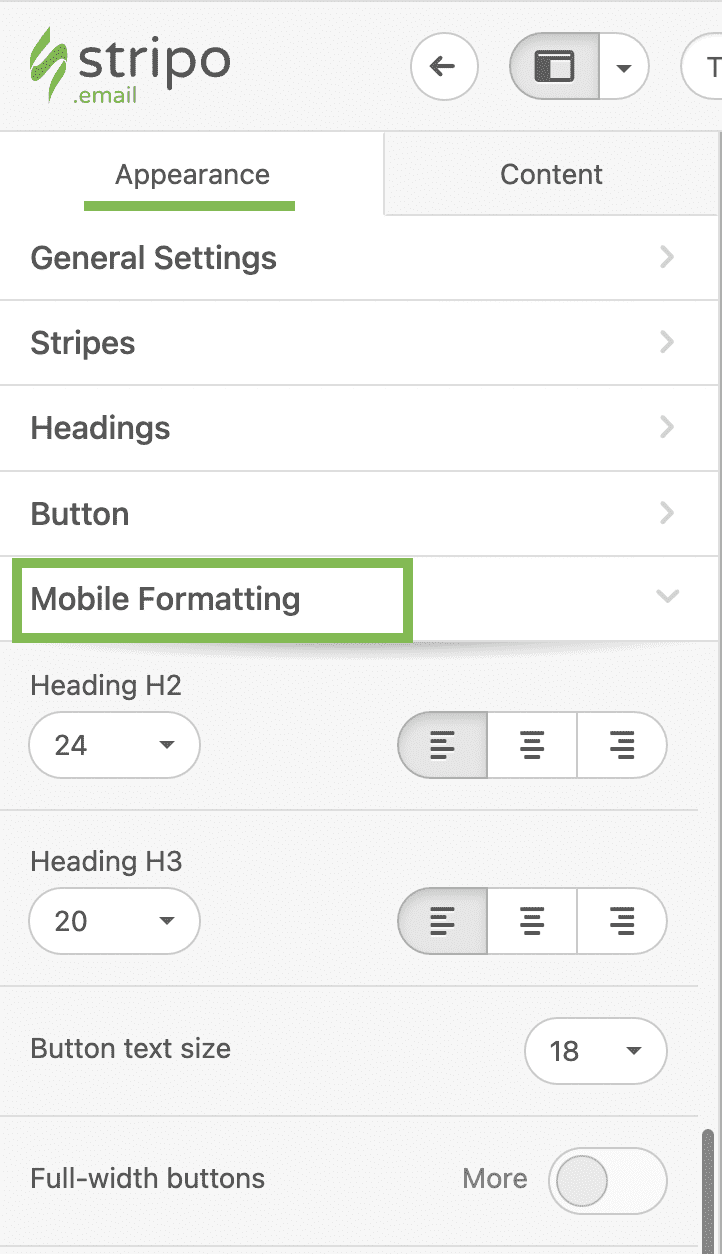 Option of Mobile formatting template in Stripo
