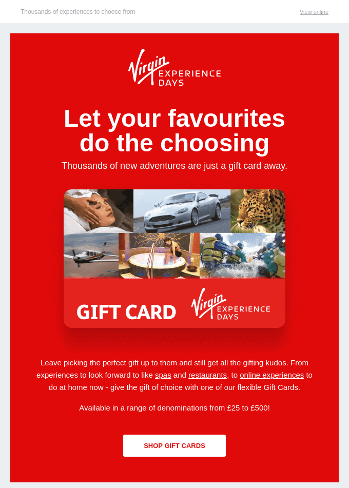 Moment gift cards email example from Virgin