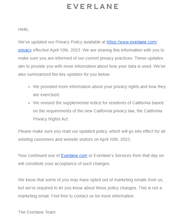 Notification email from Everlane