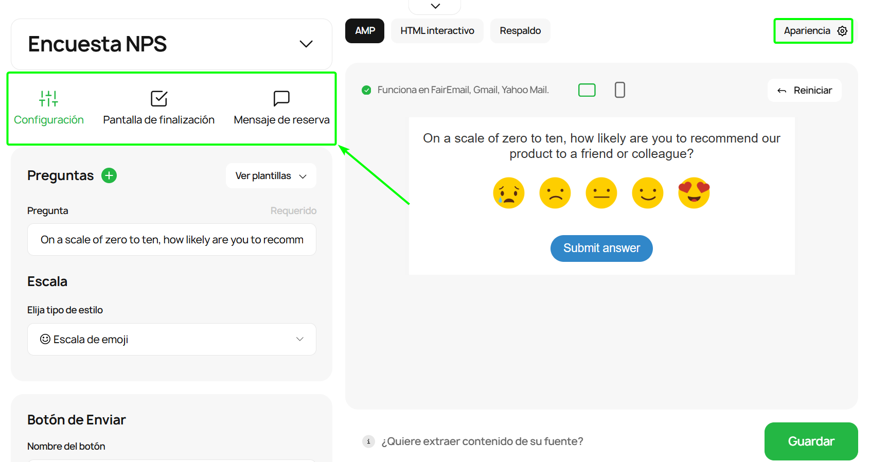 Configuración de la encuesta NSP