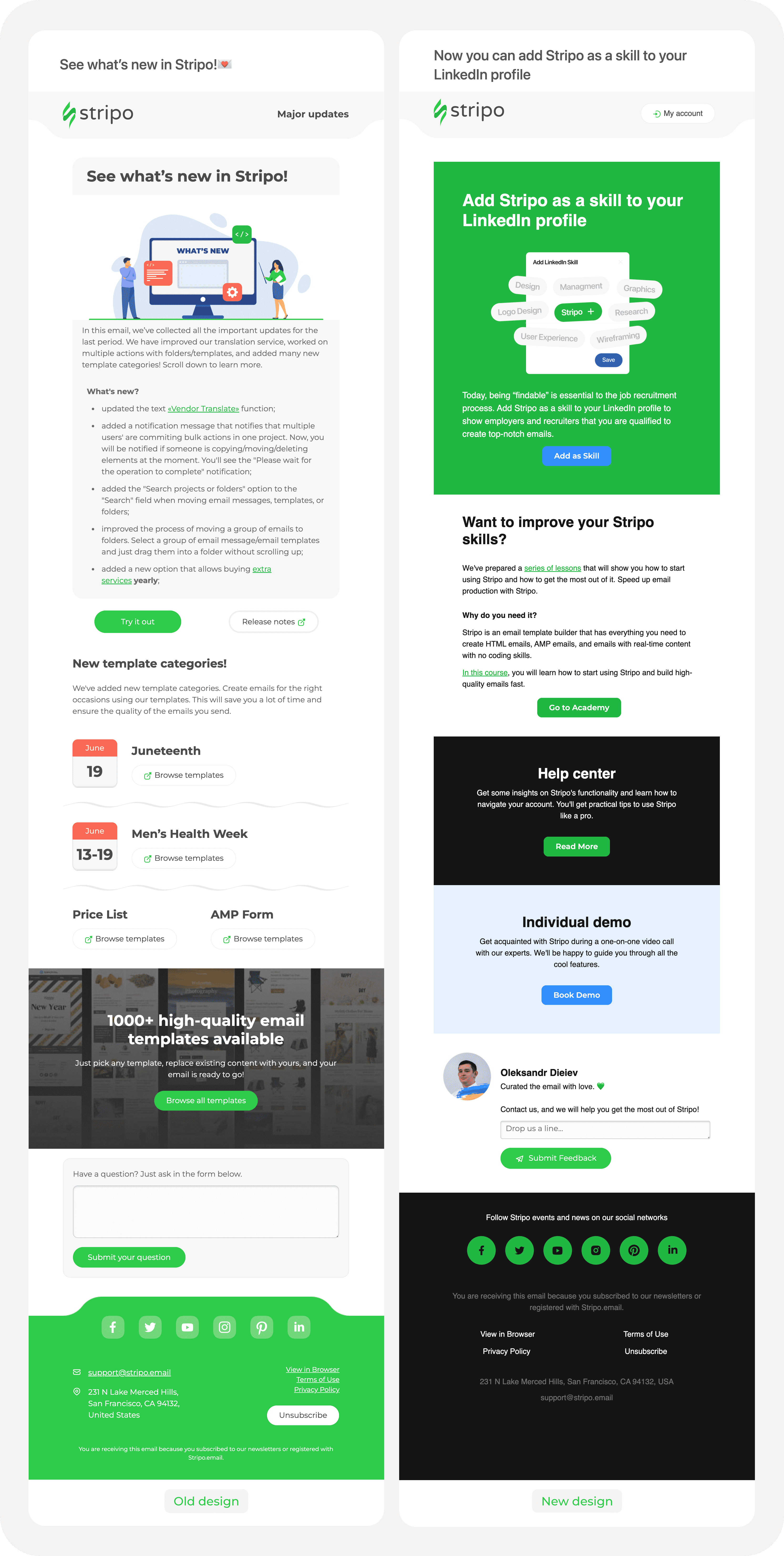 Examples of old and new template design