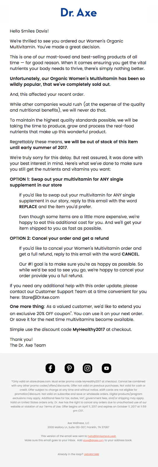 Out-of-stock email example from Axe Wellness