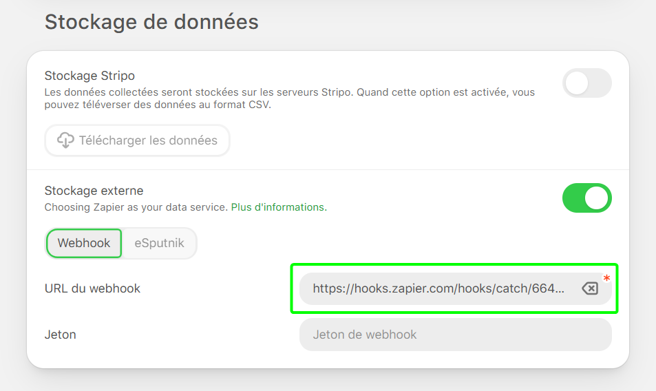 Collage de l'URL du webhook dans Stripo