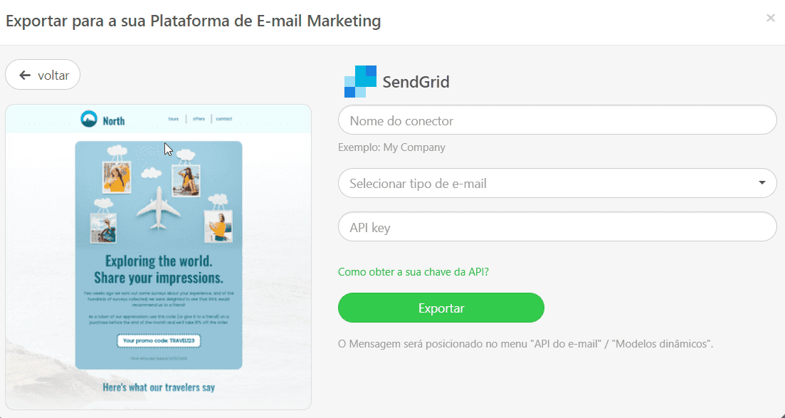 Forneça informações extras para exportar seu template para o SendGrid
