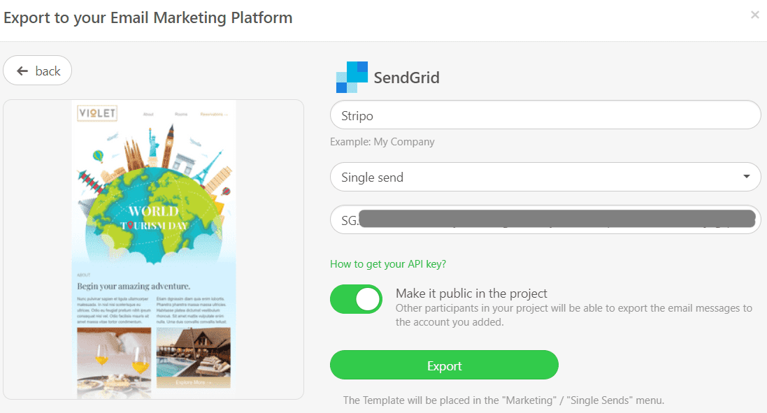 Provide Extra Info to Export Your Template to SendGrid